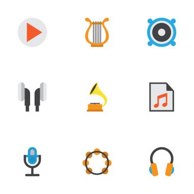 Ses düz simgeler kümesi. Düğme, hoparlör, kulak Muffs ve diğer öğeleri koleksiyonu. Ayrıca Samba, ritim, gramofon gibi simgeler içerir.