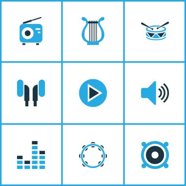 Ses renkli simgeler kümesi. Radyo, Harp, davul ve diğer öğeleri koleksiyonu. Ayrıca radyo, ses, başlangıç gibi simgeler içerir.