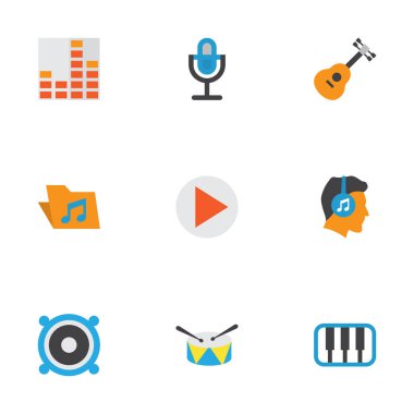 Müzik düz simgeler kümesi. Portföy, erkek, akustik ve diğer öğeleri koleksiyonu. Ayrıca, Portföy, gitar, frekans gibi simgeler içerir.