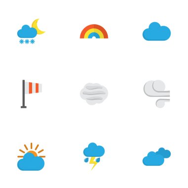 Doğa düz simgeler kümesi. Rüzgarlı topluluğu, fırtına, yıldırım ve diğer öğeleri. Ayrıca güneş, bulutlu salgını gibi simgeler içerir.