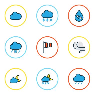 Hava renkli anahatlar küme. Yağmur damlası, Hail, Twilight ve diğer öğeleri koleksiyonu. Ayrıca Breeze, fırtına, bulutlu gibi simgeler içerir.