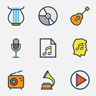 Multimedya renkli anahatlar küme. Dizeleri, daire, Harp ve diğer öğeleri koleksiyonu. Ayrıca başlangıç, ses, vinil gibi simgeler içerir.