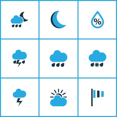 Doğa Icons Set renkli. Soğuk hava, çiseleyen yağmur, nem ve diğer öğeleri koleksiyonu. Ayrıca yıldırım, damla, gece gibi simgeler içerir.