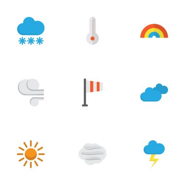 Meteoroloji düz simgeler kümesi. Kar, fırtına, Flash ve diğer öğeleri koleksiyonu. Ayrıca kar, güneşli, rüzgarlı gibi simgeler içerir.