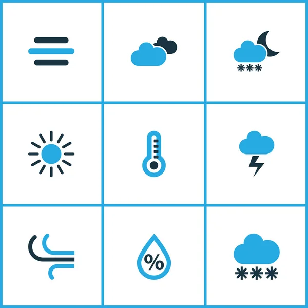 Ensemble d'icônes colorées météo. Collection de Thermomètre, Blizzard, Brise et autres éléments. Comprend également des symboles tels que ensoleillé, boulon, température . — Image vectorielle