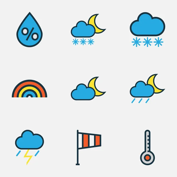 Set di contorni colorati di meteorologia. Collezione di Scale, Raindrop, Rainbow e altri elementi. Include anche simboli come bandiera, neve, termometro . — Vettoriale Stock