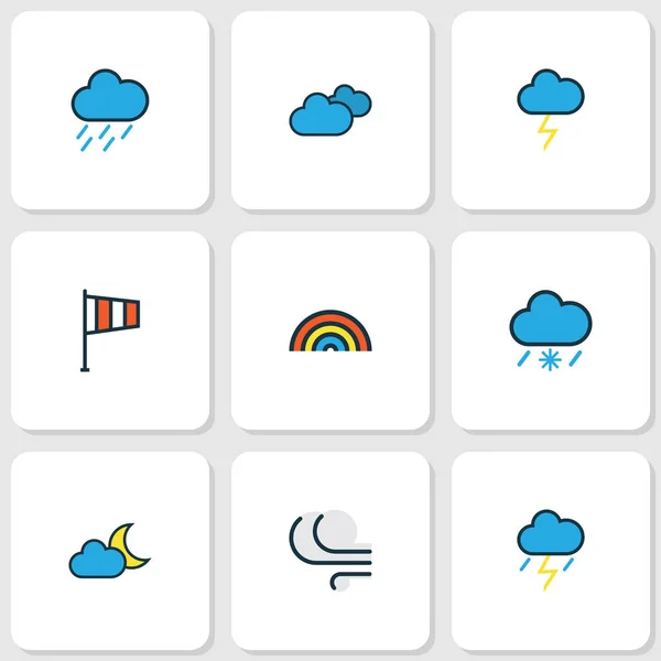 Набор погодных контуров. "Collection Of Rainbow, Hazy, Windy And Other Elements". Also Includes Symbols such as Storm, Cloudburst, Hazy . — стоковый вектор