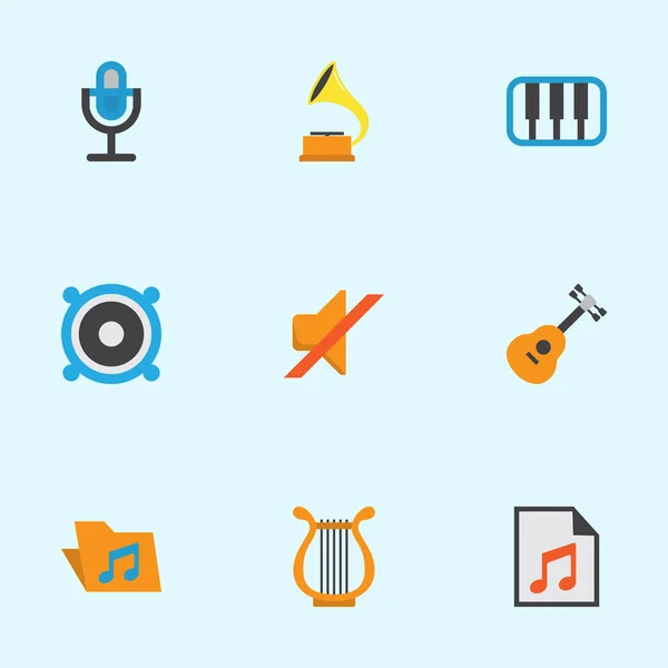 Zestaw multimedialny płaskie ikon. Kolekcja szelak, akustyczne, Sonata i innych elementów. Również zawiera symbole, takie jak szelak, Mic, muzyka. — Wektor stockowy
