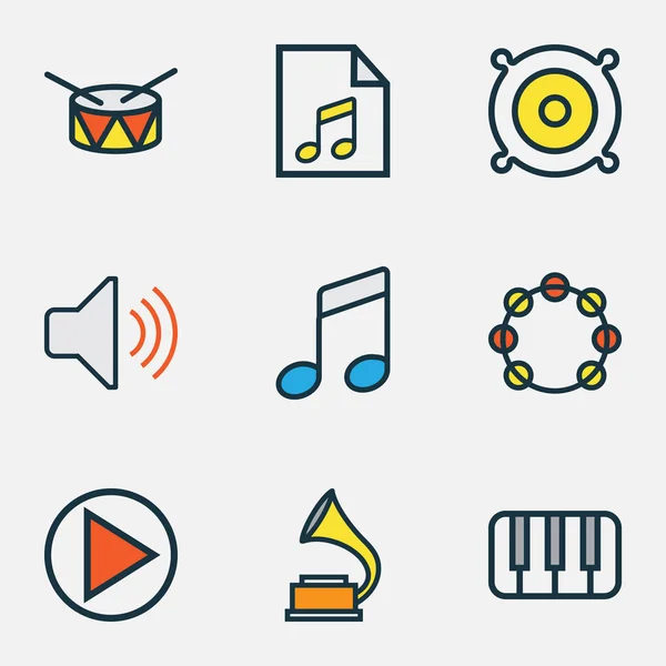 Set di profili colorati audio. Raccolta di gioco, botte, suono e altri elementi. Include anche simboli come bit, note, fonografo . — Vettoriale Stock