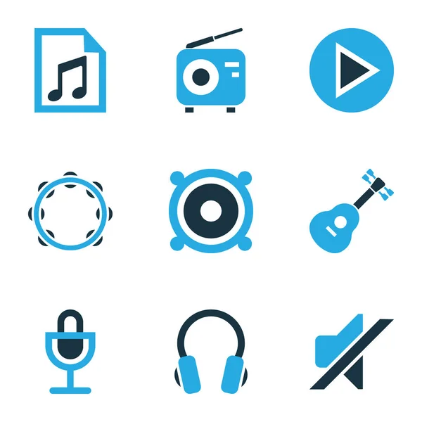 Audio gekleurde pictogrammen Set. Collectie van de Headset, Play, gitaar en andere elementen. Ook symbolen zoals FM-, knoop, Musical. — Stockvector