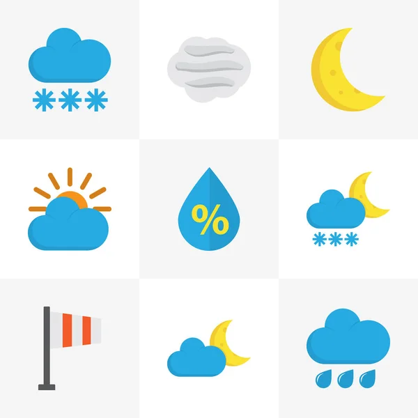 Climat Icônes plates Set. Collection d'éléments ensoleillés, goutte à goutte, pluie et autres. Comprend également des symboles tels que le gel, la pluie, Demilune . — Image vectorielle