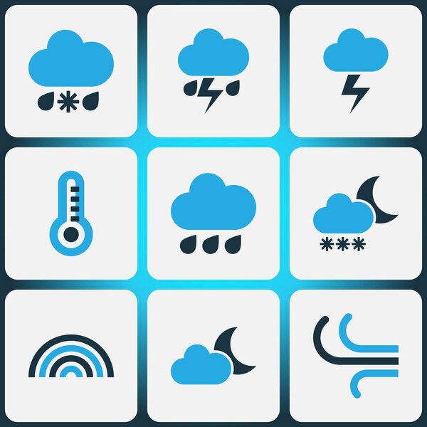 Meteorology Colored Icons Set. Collection Of Thunderstorm, Arc, Cold Weather And Other Elements. Also Includes Symbols Such As Rainbow, Storm, Thermostat.