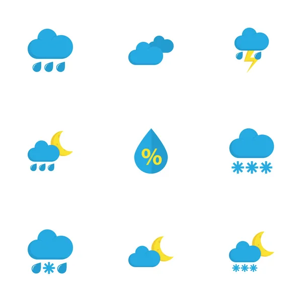 Meteorologia Set di icone piatte. Collezione di pioggia, fulmini, caduta e altri elementi. Include anche simboli come Luna, Goccia, Flash . — Vettoriale Stock