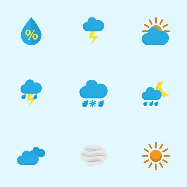 Meteorologia Set di icone piatte. Collezione di Sunny, Nuvoloso, Flash e altri elementi. Include anche simboli come Flash, Cielo, Caldo . — Vettoriale Stock