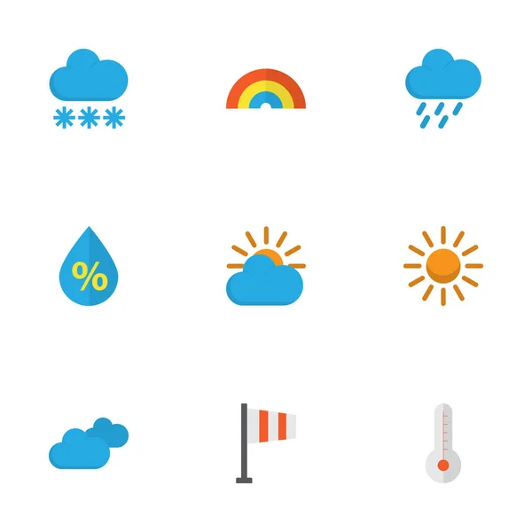 Klimaat platte Icons Set. Collectie douche, sneeuw, bewolking en andere elementen. Ook symbolen zoals temperatuur, Banner, Sky. — Stockvector