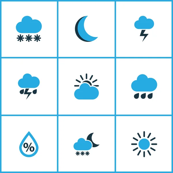 Conjunto de iconos de color climático. Colección de rayos, tormentas eléctricas, nevadas y otros elementos. También incluye símbolos como gota, pronóstico, luz de la luna . — Archivo Imágenes Vectoriales