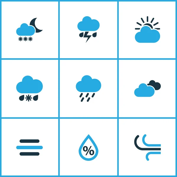 Set di icone colorate della natura. Collezione di Brezza, Blizzard, Nuvoloso e altri elementi. Include anche simboli come Blizzard, Neve, Umidità . — Vettoriale Stock