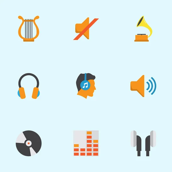 Audio platte Icons Set. Collectie, oorwarmers, mannetje en andere elementen te controleren. Ook bevat symbolen zoals man, rustig, schijf. — Stockvector