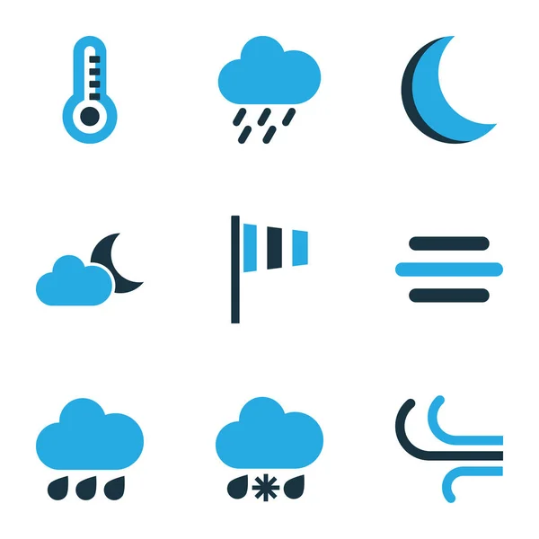 Clima conjunto de ícones coloridos. Coleção de noite, tempo frio, velocidade do vento e outros elementos. Também inclui símbolos como termostato, chuvisco, luar . — Vetor de Stock