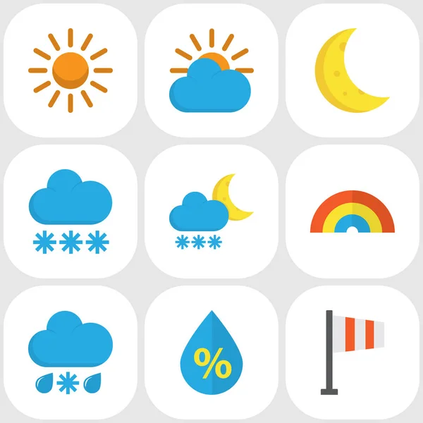 Weather Flat Icons Set. Collezione di neve, banner, sole e altri elementi. Include anche simboli come gelo, inverno, arcobaleno . — Vettoriale Stock