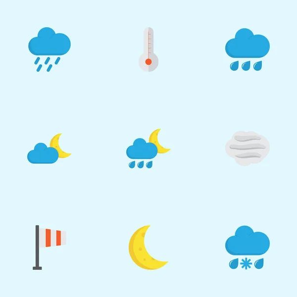 Weather Flat Icons Set. Collezione di pioggia, luna, striscione e altri elementi. Include anche simboli come mezzaluna, grandine, sole . — Vettoriale Stock