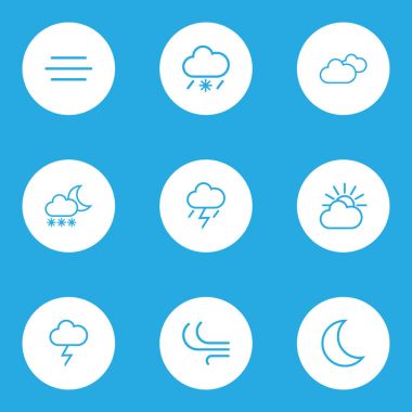 Hava durumu özetliyor küme. Yıldırım, bulut gökyüzü, karlı yağmur toplama ve diğer öğeler. Kar yağışı, bulutlu, fırtına gibi semboller de içerir.