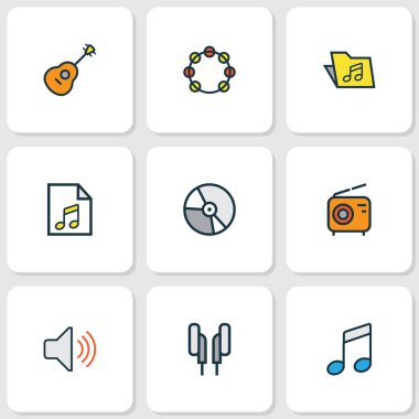 Ses renkli anahatlar küme. Şablon, kulaklık, dizeleri ve diğer öğeleri koleksiyonu. Ayrıca şablon, gitar, klasör gibi simgeler içerir.