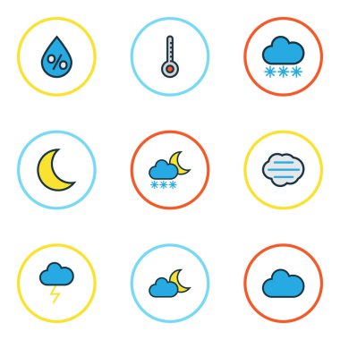 Doğa renkli anahatlar ayarla. Fırtına, donma, Twilight ve diğer öğeleri koleksiyonu. Ayrıca, ölçek, dondurucu kar yağışı gibi sembolleri içerir.