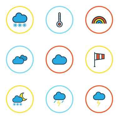 Hava renkli anahatlar küme. Bulutlu gün, gökkuşağı, donma ve diğer öğeleri koleksiyonu. Ayrıca fırtına, hava durumu, bulutlu gibi simgeler içerir.