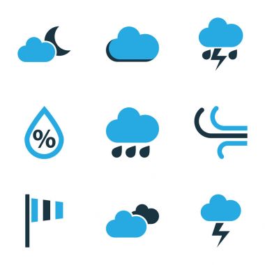 İklim Icons Set renkli. Sis, yağmur, nem ve diğer öğeleri koleksiyonu. Ayrıca hız, yıldırım, meltem gibi simgeler içerir.
