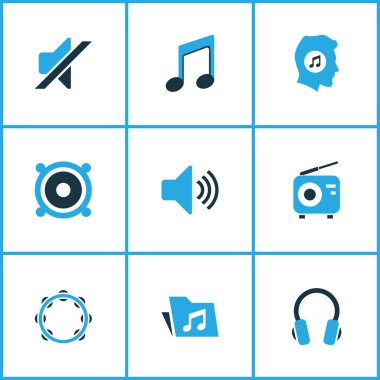Multimedya renkli simgeler kümesi. Kulaklık, Not, müzik aşığı ve diğer öğeleri koleksiyonu. Ayrıca Fm, müzik, radyo gibi simgeler içerir.