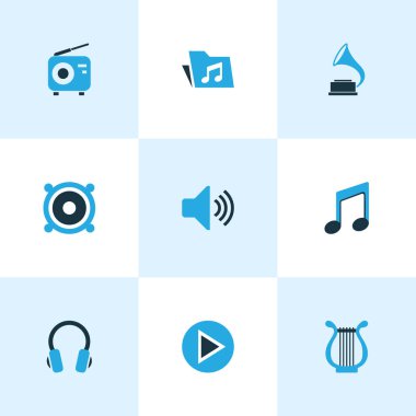 Ses renkli simgeler kümesi. Hoparlör, Not, cilt ve diğer öğeleri koleksiyonu. Ayrıca antika, lir, hoparlör gibi simgeler içerir.