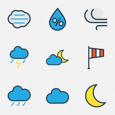 İklim renkli anahatlar ayarla. Thunderstroke, fırtına, bulutlu gün ve diğer öğeleri koleksiyonu. Ayrıca, hilal, Thunderstroke, fırtına gibi simgeler içerir.
