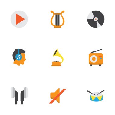 Ses düz simgeler kümesi. Düğme, grup, Dj öğeleri koleksiyonu. Ayrıca düğme, erkek, kulaklık gibi simgeler içerir.