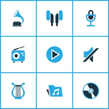 Multimedya renkli simgeler kümesi. Sessiz, ARP, oyun ve diğer öğeleri koleksiyonu. Ayrıca radyo, lir, Cd gibi simgeler içerir.