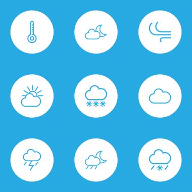 İklim özetliyor küme. Meltem, bulut, bulut gökyüzü ve diğer öğeleri koleksiyonu. Ayrıca, kar, yağış, sıcaklık gibi simgeler içerir.