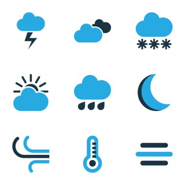 İklim Icons Set renkli. Bulutlu, esinti, bulutlu gökyüzü ve diğer öğeleri koleksiyonu. Sıcaklık, bulutlu, ay ışığı gibi semboller de içerir.