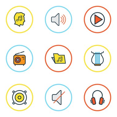 Ses renkli anahatlar küme. Oyun, sessiz, hoparlörler ve diğer öğeleri koleksiyonu. Sevgilim, dizeleri, kapak gibi semboller de içerir.