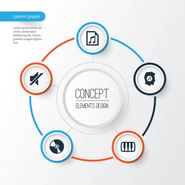 Müzik simgeler kümesi. Dosya, Meloman, Octave ve diğer öğeleri koleksiyonu. Ayrıca Meloman, vinil, sessiz gibi simgeler içerir.