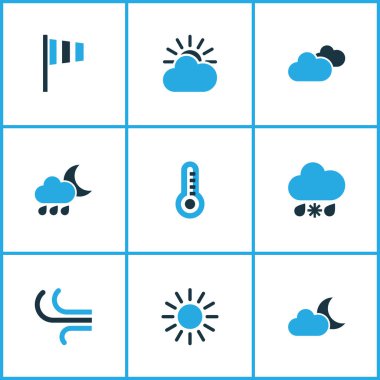 Meteoroloji Icons Set renkli. Rüzgar, bulutlu gökyüzü, bulutlu ve diğer öğeleri koleksiyonu. Soğuk, bulut, kar gibi semboller de içerir.