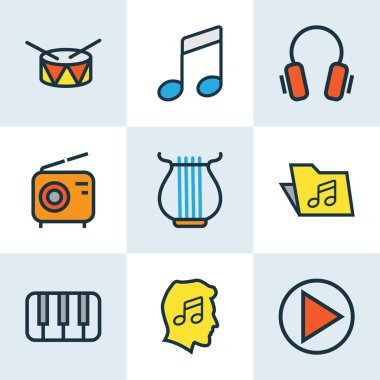 Multimedya renkli anahatlar küme. Ses, anahtarlar, şablonu ve diğer öğeleri koleksiyonu. Ayrıca üzerinde klasör, ARP, gibi simgeler içerir.