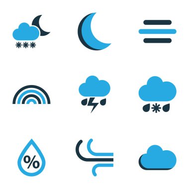 İklim Icons Set renkli. Ark, gece, nem ve diğer öğeleri koleksiyonu. Ayrıca sembolleri böyle içerir olarak bulutlu, fırtına, bulut.
