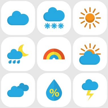 Meteoroloji düz simgeler kümesi. Güneş, güneşli topluluğu, Flash ve diğer öğeleri. Ayrıca bulutlar, damla, gökkuşağı gibi simgeler içerir.