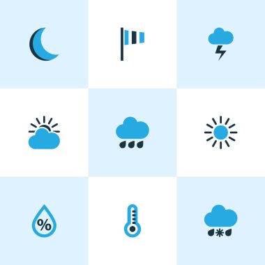 Doğa Icons Set renkli. Güneşli topluluğu, termometre, yağış ve diğer öğeleri. Yağmur, güneşli, tahmini olarak da simgeler içerir.
