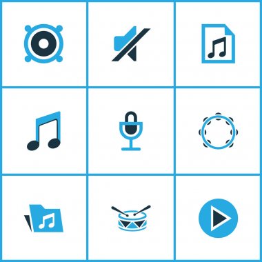 Müzik Icons Set renkli. Mikrofon, müzik, davul ve diğer öğeleri koleksiyonu. Ayrıca oyun, perküsyon, dosya gibi simgeler içerir.