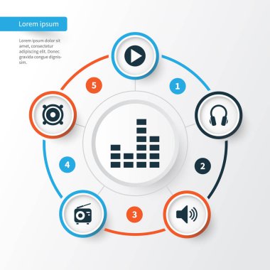 Müzik simgeler kümesi. Radyo, kulaklık, ses ve diğer öğeleri koleksiyonu. Ayrıca radyo, kulaklık, hoparlör gibi simgeler içerir.