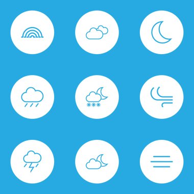 İklim özetliyor küme. Meltem, Moon, yıldırım ve diğer öğeleri koleksiyonu. Ayrıca Blizzard, hava durumu, renklilik gibi simgeler içerir.