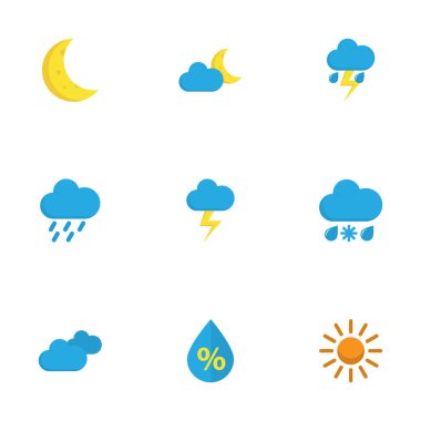 Hava düz simgeler kümesi. Drizzles, Moon, yıldırım ve diğer öğeleri koleksiyonu. Demilune, sıcak, yıldırım gibi semboller de içerir.