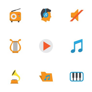 Multimedya düz simgeler kümesi. Portföy, düğme, yayın ve diğer öğeleri koleksiyonu. Müzikal, erkek, sesi gibi semboller de içerir.