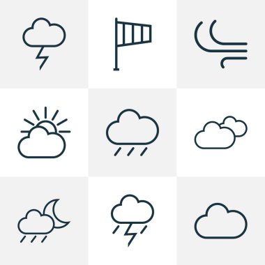 Doğa Ana hatlarıyla küme. Bulut gökyüzü topluluğu, bulutlu, fırtınalı ve diğer öğeler. Ayrıca fırtına, Rüzgar, hava durumu gibi simgeler içerir.